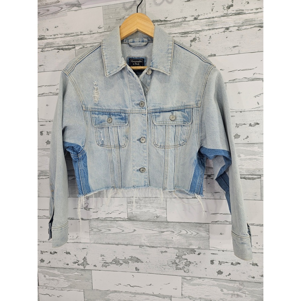 Abercrombie & Fitch Two Tone Cropped Denim Jacket Light Wash Distressed XS